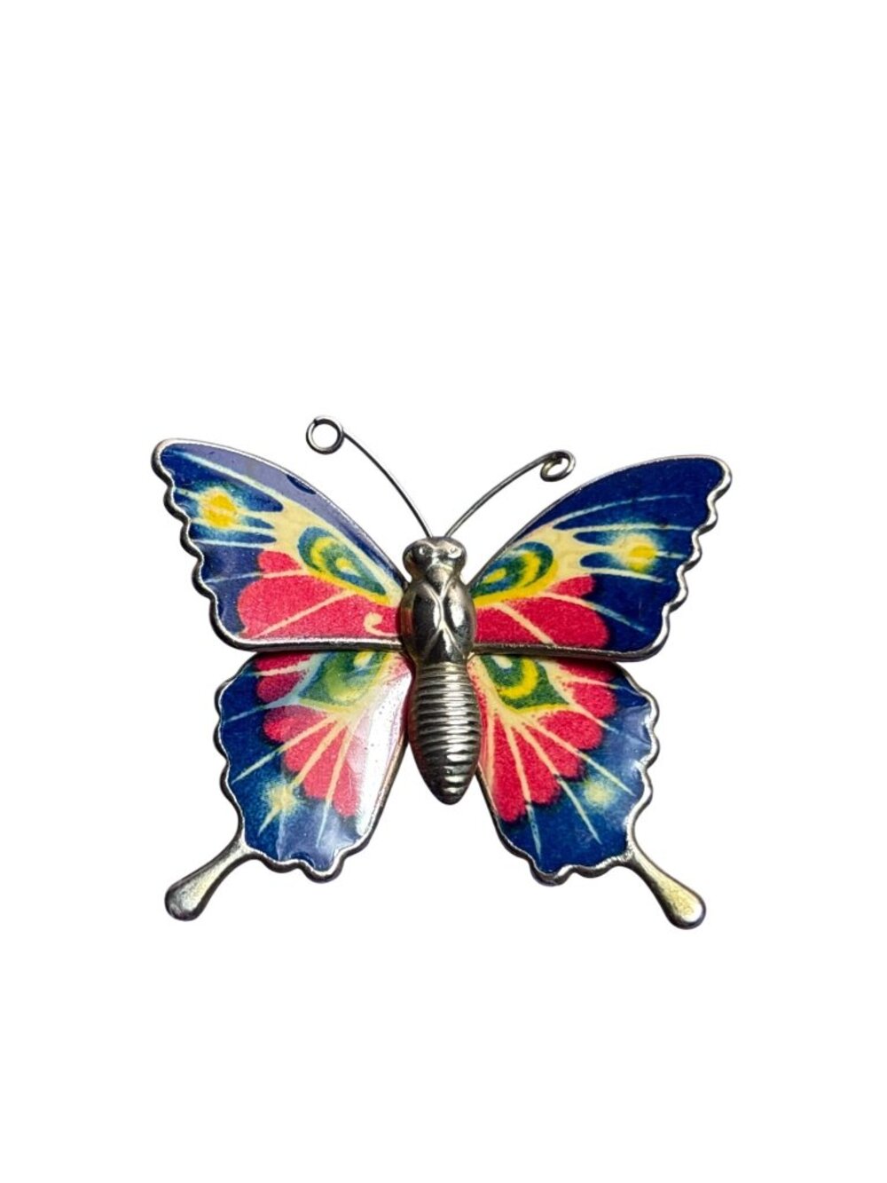 Vintage Butterfly Brooch Pendant Silvertone Colorful C Clasp 1 5/8 inches